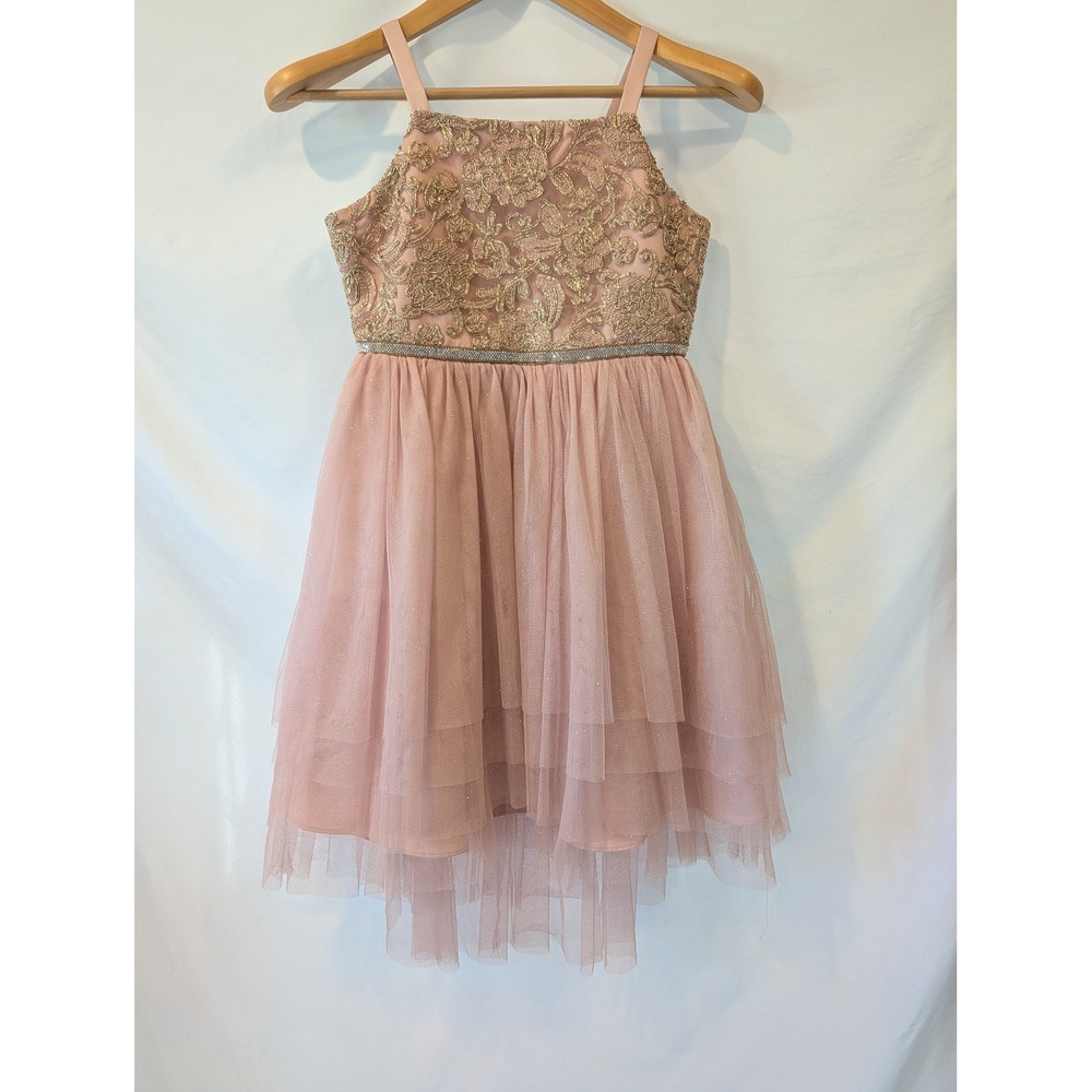 Rare Editions Girls Pink Gold Lace Tulle High Low Formal Dress Size 12 F427523